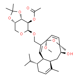 ChemSpider 2D Image | [(1R,2Z,4S,5R,9R,11S,12S)-11-Hydroxy-5-isopropyl-1-methoxy-8,12-dimethyl-15-oxatricyclo[10.2.1.0~4,9~]pentadeca-2,7,13-trien-2-yl]methyl 2-O-acetyl-3,4-O-isopropylidene-beta-L-arabinopyranoside | C31H46O9