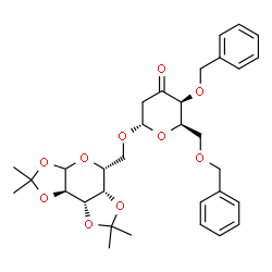 ChemSpider 2D Image | (2R,3S,6S)-3-(Benzyloxy)-2-[(benzyloxy)methyl]-6-{[(5R,5aS,8aS,8bR)-2,2,7,7-tetramethyltetrahydro-3aH-bis[1,3]dioxolo[4,5-b:4',5'-d]pyran-5-yl]methoxy}tetrahydro-4H-pyran-4-one | C32H40O10