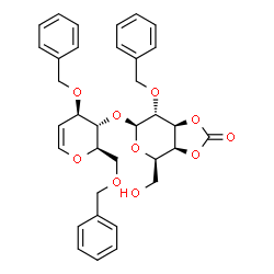 ChemSpider 2D Image | 1,5-Anhydro-3,6-di-O-benzyl-4-O-[2-O-benzyl-3,4-O-(oxomethylene)-beta-D-galactopyranosyl]-2-deoxy-D-arabino-hex-1-enitol | C34H36O10