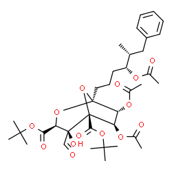 ChemSpider 2D Image | Bis(2-methyl-2-propanyl) (1S,3S,4S,5R,6R,7R)-6,7-diacetoxy-1-[(4R,5R)-4-acetoxy-5-methyl-6-phenylhexyl]-4-formyl-4-hydroxy-2,8-dioxabicyclo[3.2.1]octane-3,5-dicarboxylate | C36H50O14