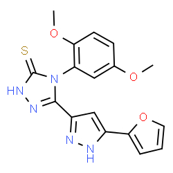 ChemSpider 2D Image | 4-(2,5-Dimethoxyphenyl)-5-[3-(2-furyl)-1H-pyrazol-5-yl]-4H-1,2,4-triazole-3-thiol | C17H15N5O3S