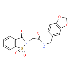 ChemSpider 2D Image | N-(1,3-Benzodioxol-5-ylmethyl)-2-(1,1-dioxido-3-oxo-1,2-benzothiazol-2(3H)-yl)acetamide | C17H14N2O6S