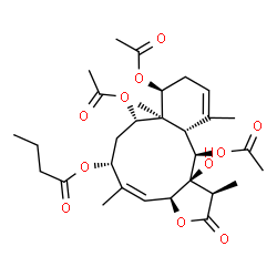 ChemSpider 2D Image | (1R,3aS,4Z,6R,8S,8aR,9S,12aS,13R,13aS)-8,9,13-Triacetoxy-13a-hydroxy-1,5,8a,12-tetramethyl-2-oxo-1,2,3a,6,7,8,8a,9,10,12a,13,13a-dodecahydrobenzo[4,5]cyclodeca[1,2-b]furan-6-yl butyrate | C30H42O11