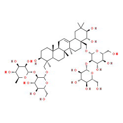 ChemSpider 2D Image | (3beta,5xi,18xi,21beta,22alpha)-28-{[2-O-(beta-D-Glucopyranosyl)-beta-D-glucopyranosyl]oxy}-3,21,22-trihydroxyolean-12-en-24-yl 2-O-(6-deoxy-alpha-L-mannopyranosyl)-beta-D-glucopyranoside | C54H90O24