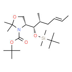 ChemSpider 2D Image | 2-Methyl-2-propanyl (4R)-4-[(1S,2R,4E)-1-{[dimethyl(2-methyl-2-propanyl)silyl]oxy}-2-methyl-4-hexen-1-yl]-2,2-dimethyl-1,3-oxazolidine-3-carboxylate | C23H45NO4Si