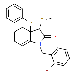 ChemSpider 2D Image | 1-(2-Bromobenzyl)-3-(methylsulfanyl)-3a-(phenylsulfanyl)-1,3,3a,4,5,6-hexahydro-2H-indol-2-one | C22H22BrNOS2