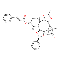 ChemSpider 2D Image | (1S,3S,5S,8S,11R,12R,16R)-11,14,18,21,21-Pentamethyl-7-methylene-19-oxo-3-phenyl-2,4,13,15-tetraoxapentacyclo[15.3.1.0~1,5~.0~6,11~.0~12,16~]henicos-17-en-8-yl (2E)-3-phenylacrylate | C38H42O7