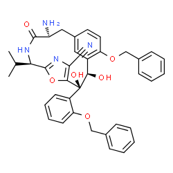 ChemSpider 2D Image | (2R,3R,8S,11S)-11-Amino-16-(benzyloxy)-3-[2-(benzyloxy)phenyl]-2,3-dihydroxy-8-isopropyl-10-oxo-18-oxa-6,9-diazatricyclo[11.3.1.1~4,7~]octadeca-1(17),4,6,13,15-pentaene-5-carbonitrile | C39H38N4O6