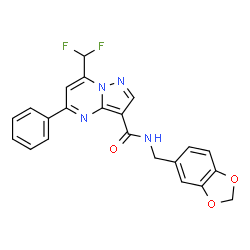 ChemSpider 2D Image | N-(1,3-Benzodioxol-5-ylmethyl)-7-(difluoromethyl)-5-phenylpyrazolo[1,5-a]pyrimidine-3-carboxamide | C22H16F2N4O3