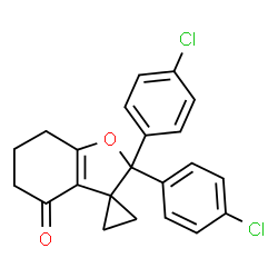 ChemSpider 2D Image | 2,2-Bis(4-chlorophenyl)-6,7-dihydrospiro[1-benzofuran-3,1'-cyclopropan]-4(5H)-one | C22H18Cl2O2