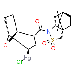ChemSpider 2D Image | Chloro[(1R,2R,4R,5S)-4-{[(1S,5R,7R)-10,10-dimethyl-3,3-dioxido-3-thia-4-azatricyclo[5.2.1.0~1,5~]dec-4-yl]carbonyl}-8-oxabicyclo[3.2.1]oct-2-yl]mercury | C18H26ClHgNO4S