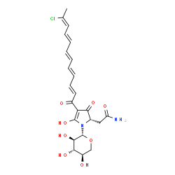 ChemSpider 2D Image | (2S)-2-(2-Amino-2-oxoethyl)-4-[(2E,4E,6E,8E,10Z)-11-chloro-2,4,6,8,10-dodecapentaenoyl]-5-hydroxy-1-(beta-D-xylopyranosyl)-1,2-dihydro-3H-pyrrol-3-one | C23H27ClN2O8