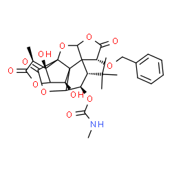 ChemSpider 2D Image | (6R,8S,9R,12R,16S,17R)-6-(Benzyloxy)-12,17-dihydroxy-16-methyl-8-(2-methyl-2-propanyl)-5,15,18-trioxo-2,4,14,19-tetraoxahexacyclo[8.7.2.0~1,11~.0~3,7~.0~7,11~.0~13,17~]nonadec-9-yl methylcarbamate | C29H33NO12