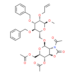 ChemSpider 2D Image | Methyl 6-O-[(3aR,4R,6R,7S,7aR)-7-acetoxy-6-(acetoxymethyl)-3-acetyl-2-oxohexahydro-4H-pyrano[3,4-d][1,3]oxazol-4-yl]-2-O-allyl-3,4-di-O-benzyl-alpha-D-mannopyranoside | C37H45NO14