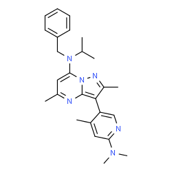 ChemSpider 2D Image | N-Benzyl-3-[6-(dimethylamino)-4-methyl-3-pyridinyl]-N-isopropyl-2,5-dimethylpyrazolo[1,5-a]pyrimidin-7-amine | C26H32N6