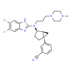 ChemSpider 2D Image | 3-[(1S,4R,5S)-4-{(5,6-Dichloro-1H-benzimidazol-2-yl)[3-(4-methyl-1-piperazinyl)propyl]amino}bicyclo[3.1.0]hex-1-yl]benzonitrile | C28H32Cl2N6
