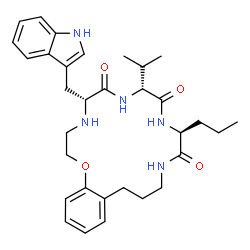 ChemSpider 2D Image | (5R,8R,11S)-5-(1H-Indol-3-ylmethyl)-8-isopropyl-11-propyl-4,5,7,8,10,11,13,14,15,16-decahydro-2H-1,4,7,10,13-benzoxatetraazacyclooctadecine-6,9,12(3H)-trione | C32H43N5O4