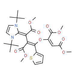 ChemSpider 2D Image | Dimethyl (2E)-2-{[(1E)-3-[1,3-bis(2-methyl-2-propanyl)-1,3-dihydro-2H-imidazol-2-ylidene]-4-methoxy-2-(methoxycarbonyl)-4-oxo-1-(2-thienyl)-1-buten-1-yl]oxy}-2-butenedioate | C28H36N2O9S