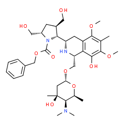 ChemSpider 2D Image | Benzyl (2R,3R,5S)-2-[(1R,3S)-8-hydroxy-5,7-dimethoxy-6-methyl-1-({[2,4,6-trideoxy-4-(dimethylamino)-3-C-methyl-alpha-L-lyxo-hexopyranosyl]oxy}methyl)-1,2,3,4-tetrahydro-3-isoquinolinyl]-3,5-bis(hydrox
ymethyl)-1-pyrrolidinecarboxylate | C36H53N3O10
