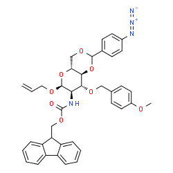 ChemSpider 2D Image | Allyl 4,6-O-(4-azidobenzylidene)-2-deoxy-2-{[(9H-fluoren-9-ylmethoxy)carbonyl]amino}-3-O-(4-methoxybenzyl)-alpha-D-glucopyranoside | C39H38N4O8