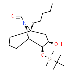 ChemSpider 2D Image | (1R,3R,4S,5S)-4-{[Dimethyl(2-methyl-2-propanyl)silyl]oxy}-3-hydroxy-1-pentyl-9-azabicyclo[3.3.1]nonane-9-carbaldehyde | C20H39NO3Si