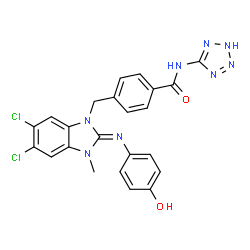 ChemSpider 2D Image | 4-({(2E)-5,6-Dichloro-2-[(4-hydroxyphenyl)imino]-3-methyl-2,3-dihydro-1H-benzimidazol-1-yl}methyl)-N-(2H-tetrazol-5-yl)benzamide | C23H18Cl2N8O2