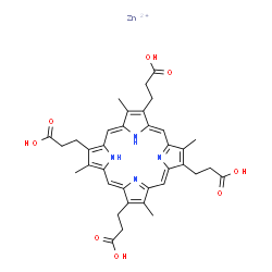 ChemSpider 2D Image | 21H,22H-Porphine-2,7,12,17-tetrapropanoic acid, 3,8,13,18-tetramethyl-, zinc salt (1:1) | C36H38N4O8Zn