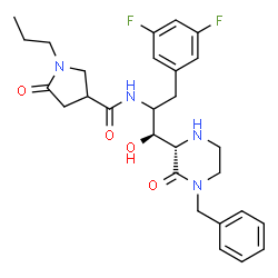 ChemSpider 2D Image | N-[(1S)-1-[(2S)-4-Benzyl-3-oxo-2-piperazinyl]-3-(3,5-difluorophenyl)-1-hydroxy-2-propanyl]-5-oxo-1-propyl-3-pyrrolidinecarboxamide | C28H34F2N4O4