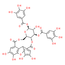 ChemSpider 2D Image | (7aR,9S,10R,11R,11aR)-2,3,10,15,16-Pentahydroxy-5,13-dioxo-5,7,7a,9,10,11,11a,13-octahydro[1]benzofuro[4,3,2-hij]pyrano[3,2-c][2,6]benzodioxacycloundecine-9,11-diyl bis(3,4,5-trihydroxybenzoate) | C34H24O21