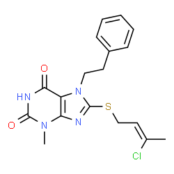 ChemSpider 2D Image | 8-{[(2Z)-3-Chloro-2-buten-1-yl]sulfanyl}-3-methyl-7-(2-phenylethyl)-3,7-dihydro-1H-purine-2,6-dione | C18H19ClN4O2S