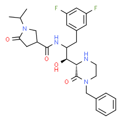 ChemSpider 2D Image | N-[(1S)-1-[(2S)-4-Benzyl-3-oxo-2-piperazinyl]-3-(3,5-difluorophenyl)-1-hydroxy-2-propanyl]-1-isopropyl-5-oxo-3-pyrrolidinecarboxamide | C28H34F2N4O4