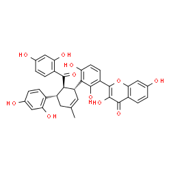 ChemSpider 2D Image | 2-{3-[(1R,5S,6R)-6-(2,4-Dihydroxybenzoyl)-5-(2,4-dihydroxyphenyl)-3-methyl-2-cyclohexen-1-yl]-2,4-dihydroxyphenyl}-3,7-dihydroxy-4H-chromen-4-one | C35H28O11