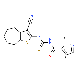 ChemSpider 2D Image | 4-Bromo-N-[(3-cyano-5,6,7,8-tetrahydro-4H-cyclohepta[b]thiophen-2-yl)carbamothioyl]-1-methyl-1H-pyrazole-5-carboxamide | C16H16BrN5OS2