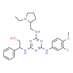 ChemSpider 2D Image | 2-[(4-{[(1-Ethyl-2-pyrrolidinyl)methyl]amino}-6-[(3-fluoro-4-methoxyphenyl)amino]-1,3,5-triazin-2-yl)amino]-2-phenylethanol | C25H32FN7O2