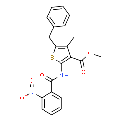 ChemSpider 2D Image | Methyl 5-benzyl-4-methyl-2-[(2-nitrobenzoyl)amino]-3-thiophenecarboxylate | C21H18N2O5S