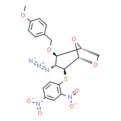 ChemSpider 2D Image | (1R,2R,3R,4S,5S)-3-Azido-4-[(2,4-dinitrophenyl)sulfanyl]-2-[(4-methoxybenzyl)oxy]-6,8-dioxabicyclo[3.2.1]octane | C20H19N5O8S
