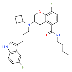 ChemSpider 2D Image | N-Butyl-3-{cyclobutyl[3-(5-fluoro-1H-indol-3-yl)propyl]amino}-8-fluoro-5-chromanecarboxamide | C29H35F2N3O2