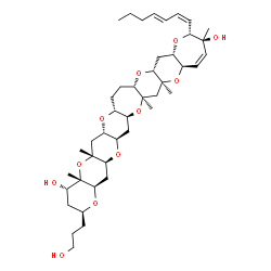 ChemSpider 2D Image | (2S,4S,4aS,5aR,6aS,7aR,9aS,10aR,11aS,13R,14S,16aR,17aS,18aR,19aS,20aR,21aS,22aR)-13-[(1Z,3E)-1,3-Heptadien-1-yl]-2-(3-hydroxypropyl)-4a,5a,14,17a,18a-pentamethyl-2,3,4,4a,5a,6,6a,7a,8,9,9a,10a,11,11a,
13,14,16a,17a,18,18a,19a,20,20a,21a,22,22a-hexacosahydrooxepino[2'',3'':5',6']pyrano[2',3':5,6]pyrano[3,2-b]pyrano[2''',3''':5'',6'']pyrano[2'',3'':5',6']pyrano[2',3':5,6]pyrano[2,3-f]oxepine-4,14-dio
l | C43H66O11