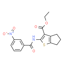 ChemSpider 2D Image | Ethyl 2-[(3-nitrobenzoyl)amino]-5,6-dihydro-4H-cyclopenta[b]thiophene-3-carboxylate | C17H16N2O5S