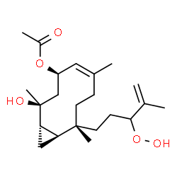 ChemSpider 2D Image | (1S,2S,4R,5Z,9R,10S)-9-(3-Hydroperoxy-4-methyl-4-penten-1-yl)-2-hydroxy-2,6,9-trimethylbicyclo[8.1.0]undec-5-en-4-yl acetate | C22H36O5