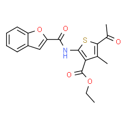 ChemSpider 2D Image | Ethyl 5-acetyl-2-[(1-benzofuran-2-ylcarbonyl)amino]-4-methyl-3-thiophenecarboxylate | C19H17NO5S