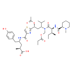 ChemSpider 2D Image | (2S,4R)-4-[({2-[(1R,3R)-1-Acetoxy-4-methyl-3-{(N-{[(2R)-1-methyl-2-piperidinyl]carbonyl}-L-isoleucyl)[(propionyloxy)methyl]amino}pentyl]-1,3-thiazol-4-yl}carbonyl)amino]-5-(4-hydroxyphenyl)-2-methylpe
ntanoic acid | C41H61N5O10S