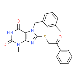 ChemSpider 2D Image | 3-Methyl-7-(3-methylbenzyl)-8-[(2-oxo-2-phenylethyl)sulfanyl]-3,7-dihydro-1H-purine-2,6-dione | C22H20N4O3S