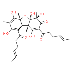 ChemSpider 2D Image | (4S,4aR,5aS,9aR,9bR)-2,9-Di[(4E)-4-hexenoyl]-1,4,4a,6,8-pentahydroxy-4,5a,7,9b-tetramethyl-4a,5a,9a,9b-tetrahydrodibenzo[b,d]furan-3(4H)-one | C28H36O9