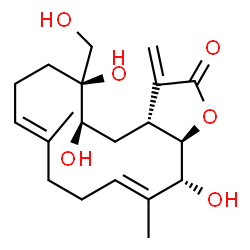 ChemSpider 2D Image | (3aR,5R,6S,9E,13E,15R,15aR)-5,6,15-Trihydroxy-6-(hydroxymethyl)-10,14-dimethyl-3-methylene-3a,4,5,6,7,8,11,12,15,15a-decahydrocyclotetradeca[b]furan-2(3H)-one | C20H30O6