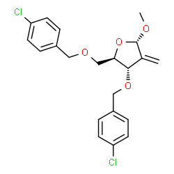 ChemSpider 2D Image | Methyl 3,5-bis-O-(4-chlorobenzyl)-2-deoxy-2-methylene-alpha-D-erythro-pentofuranoside | C21H22Cl2O4