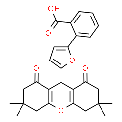 ChemSpider 2D Image | 2-[5-(3,3,6,6-Tetramethyl-1,8-dioxo-2,3,4,5,6,7,8,9-octahydro-1H-xanthen-9-yl)-2-furyl]benzoic acid | C28H28O6