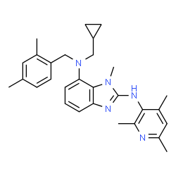 ChemSpider 2D Image | N~7~-(Cyclopropylmethyl)-N~7~-(2,4-dimethylbenzyl)-1-methyl-N~2~-(2,4,6-trimethyl-3-pyridinyl)-1H-benzimidazole-2,7-diamine | C29H35N5