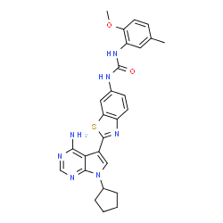 ChemSpider 2D Image | 1-[2-(4-Amino-7-cyclopentyl-7H-pyrrolo[2,3-d]pyrimidin-5-yl)-1,3-benzothiazol-6-yl]-3-(2-methoxy-5-methylphenyl)urea | C27H27N7O2S