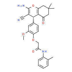 ChemSpider 2D Image | 2-{4-[(4R)-2-Amino-3-cyano-7,7-dimethyl-5-oxo-5,6,7,8-tetrahydro-4H-chromen-4-yl]-2-methoxyphenoxy}-N-(2-methylphenyl)acetamide | C28H29N3O5